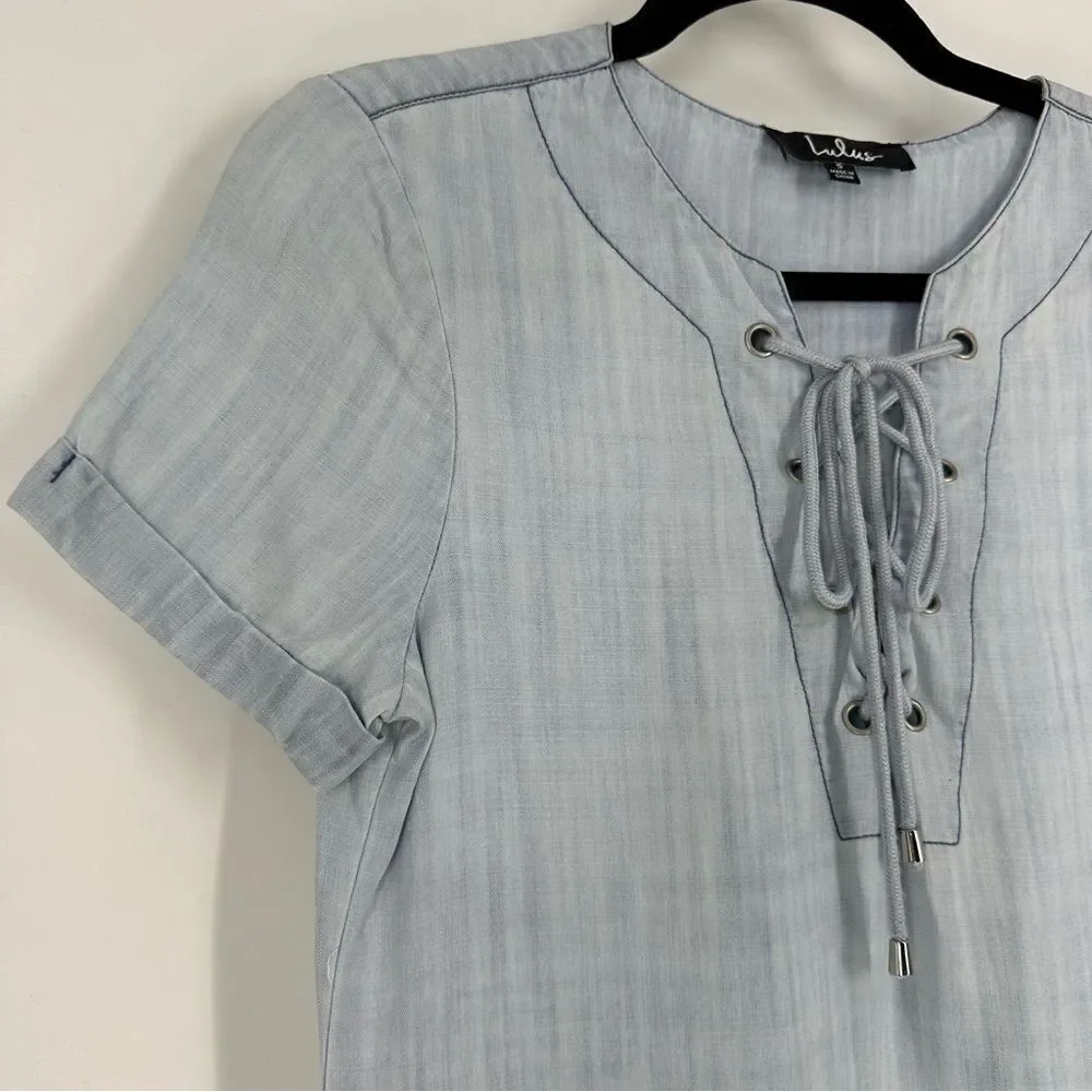 LULUS Women’s Light Blue Denim Lace Up Shift Dress Sz S